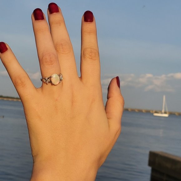 Solitaire Oval Opal Criss Cross Ring with Diamonds - Picture 8 of 16
